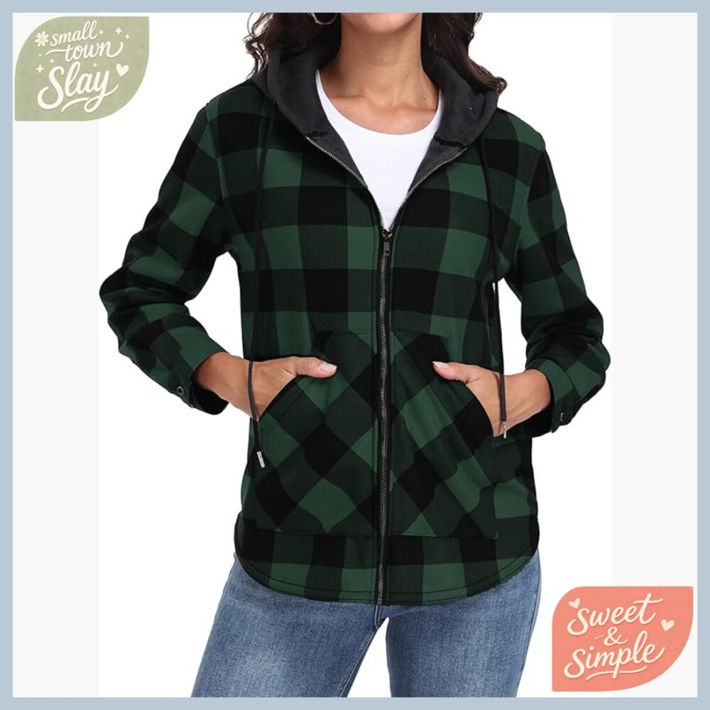 Women's Plaid Fleece Jacket Hooded Full Zip Casual Fall Winter Warm - Picture 1 of 7